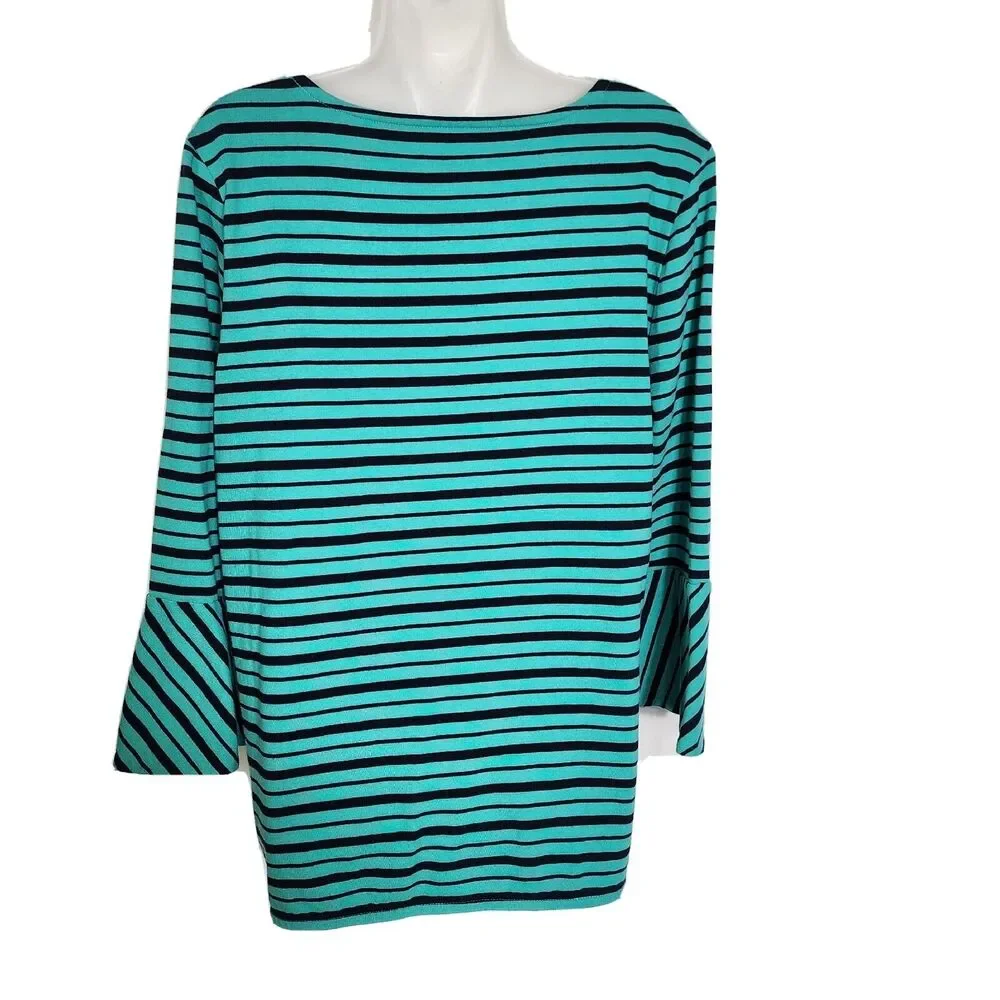 Talbots Womens Top Sz Large Green Blue Striped 3/4 Bell Sleeve Cotton Round Neck